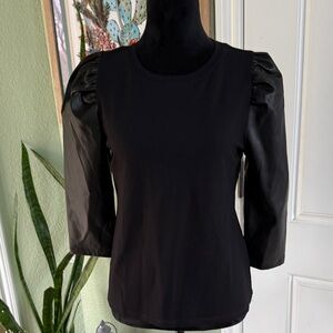 Ann Taylor Black Short Sleeve Top with Puff Faux-Leather Sleeves